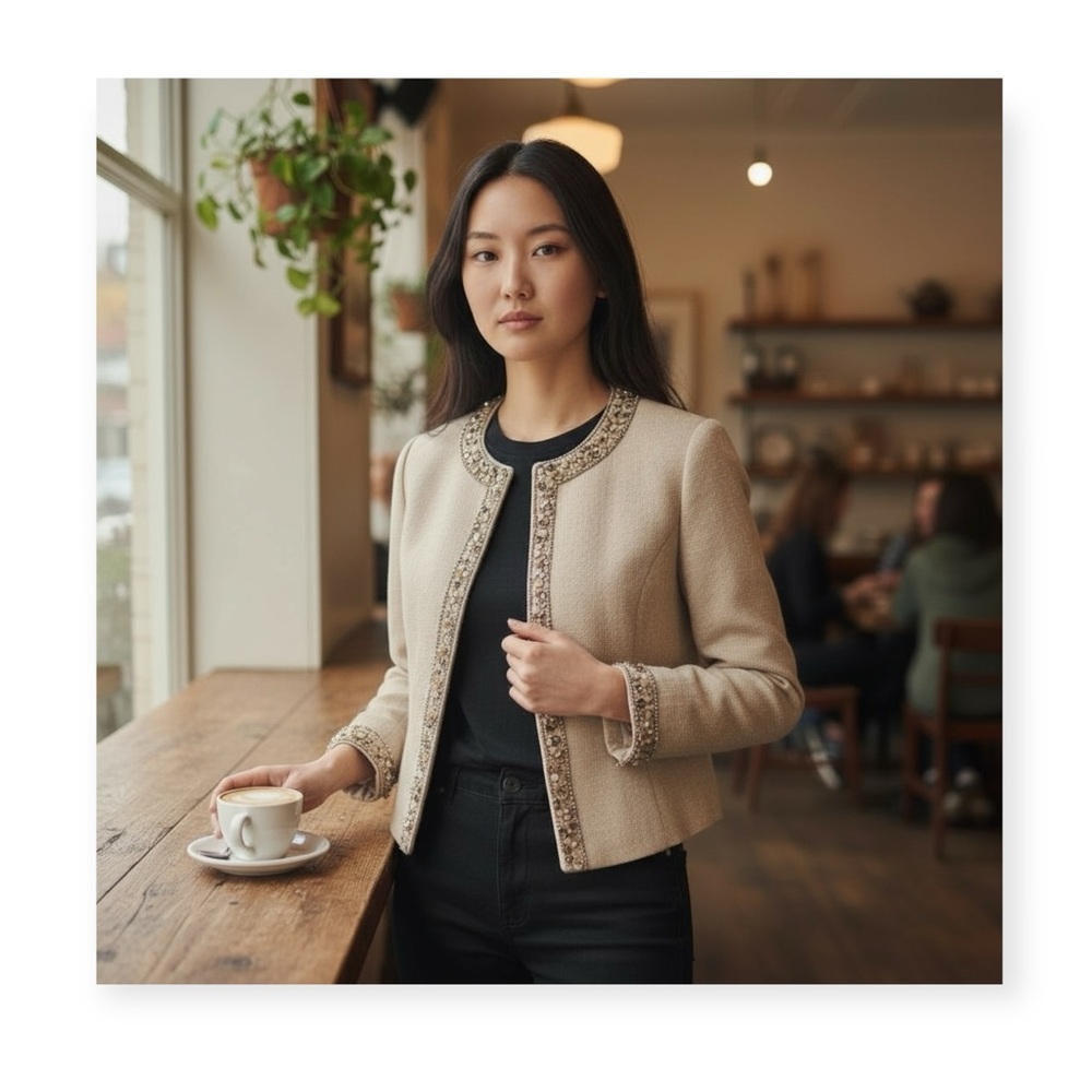 BCBG MaxAzria  Gemma Raw Gems Cropped Linen Jacket  Straw Beige - Picture 15 of 16